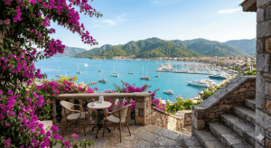 Best time to visit Marmaris - Scenic view of the bay with bougainvillea flowers and blue sea